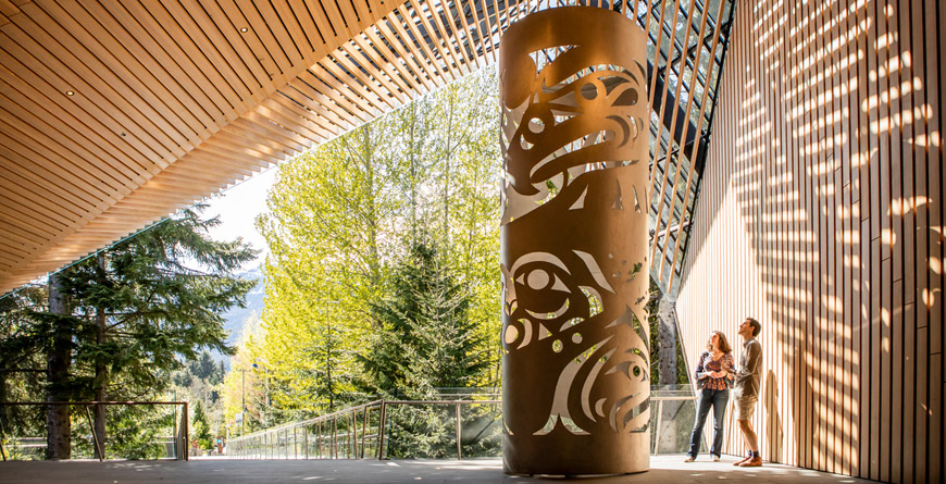 Couple looking at artwork outside the Audain Art Museum in Whistler