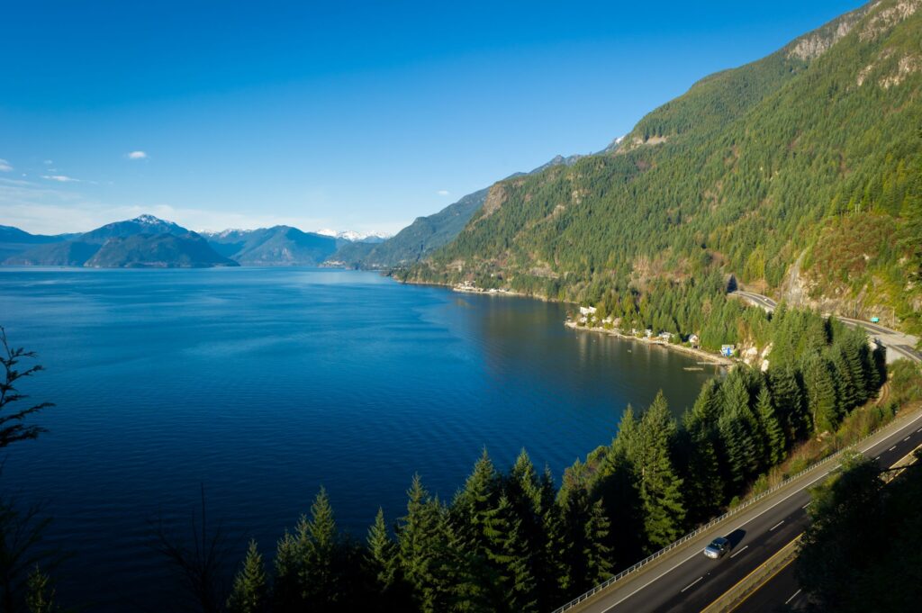 A sunny day looking out over the Sea to Sky Highway.