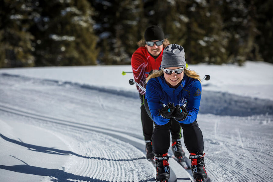 Two cross-country skiiers take to the Lost Lake trails. 