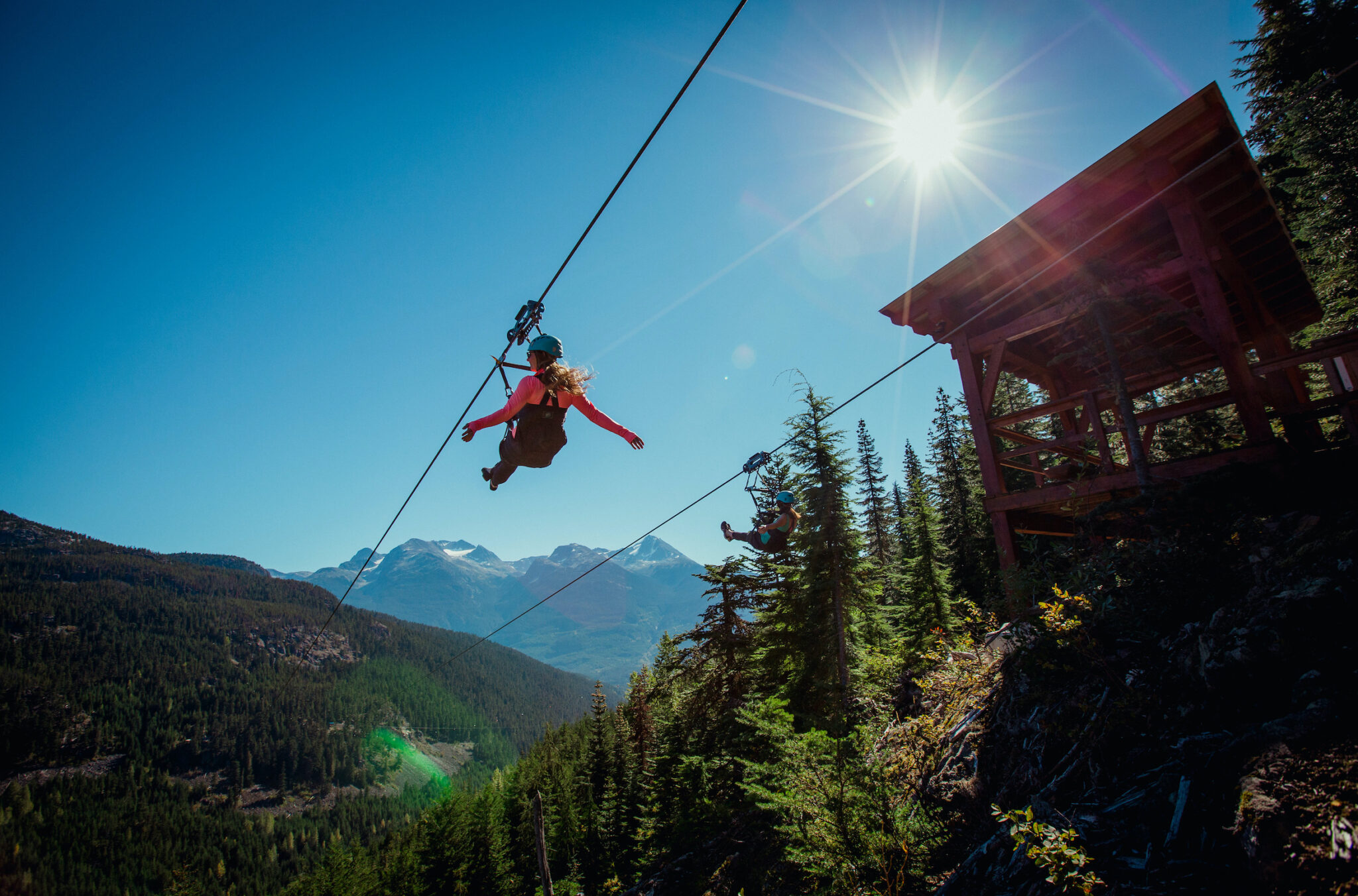 A zipliner soaring above the trees on a sunny day in Whistler.