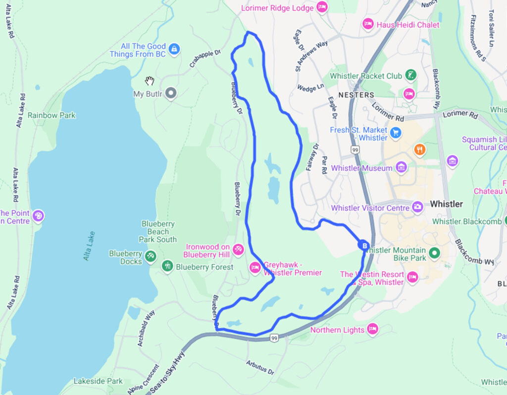 A Google map showing the Valley Trail around Whistler Golf Course.