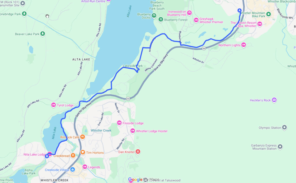 Whistler Village to Nita Lake Lodge and back, 8-kilometre run.