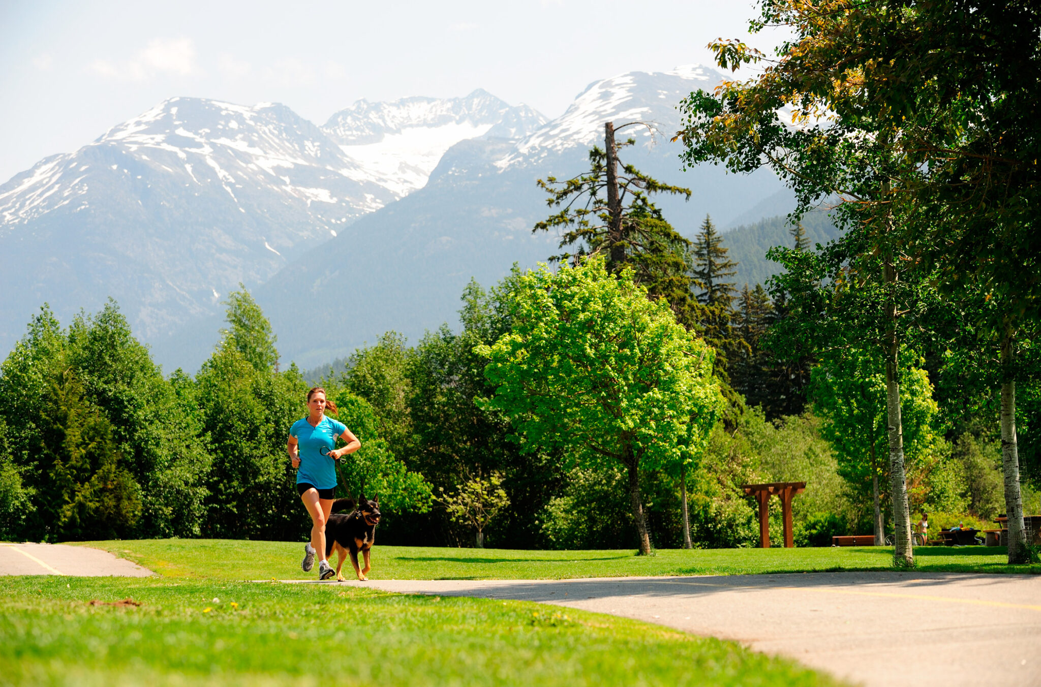 A person runs with their leashed dog along the Whistler Valley Trail with the mountains in the distance.