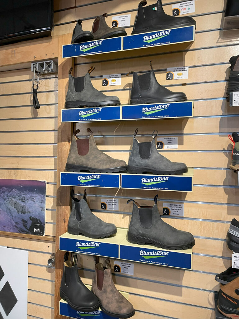 A rack of Blundstone boots at the Escape Route in Whistler.