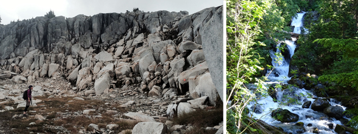 Waterfalls and boulder fields on Rainbow Mountain