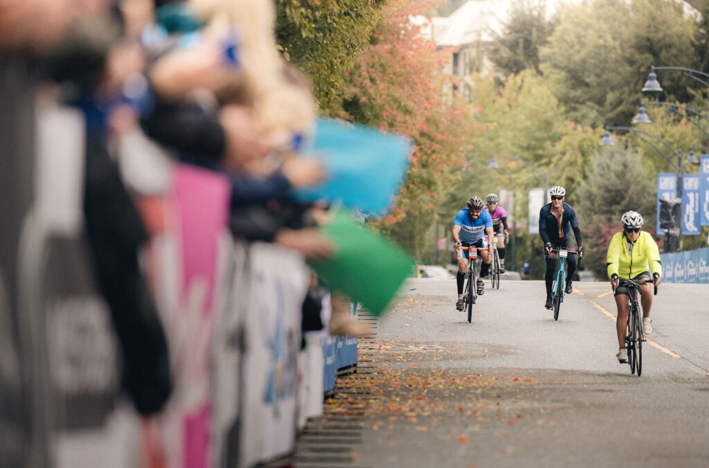 Cyclists finishing the Gran Fondo in Whistler.