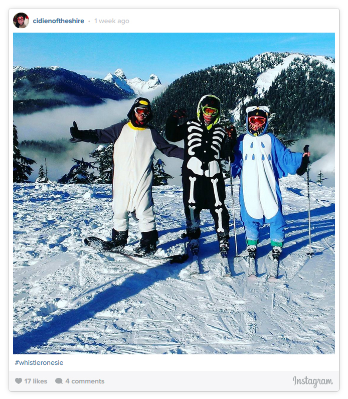 Skiiers in Penguin, Skeleton and Owl Onesies