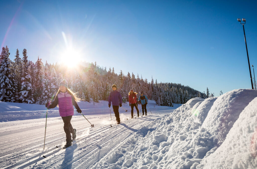 A family cross-country ski in the sunshine in Whistler.