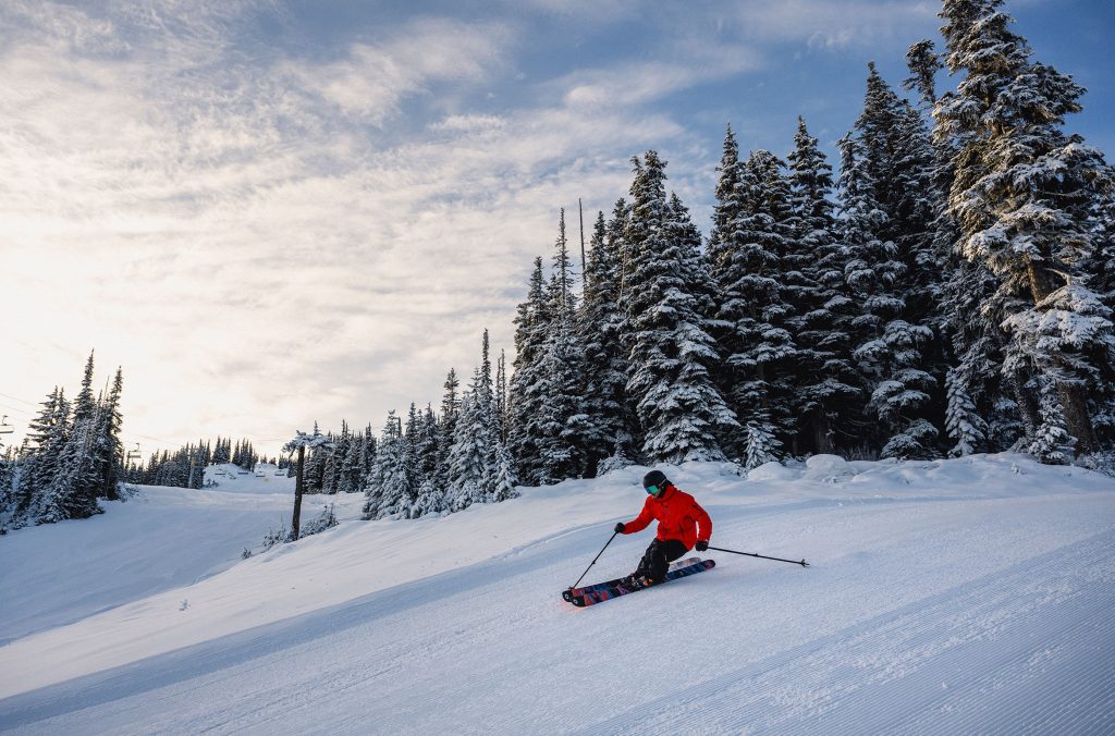 A skier cruises down the Ego Bowl area on Whistler Blackcomb.