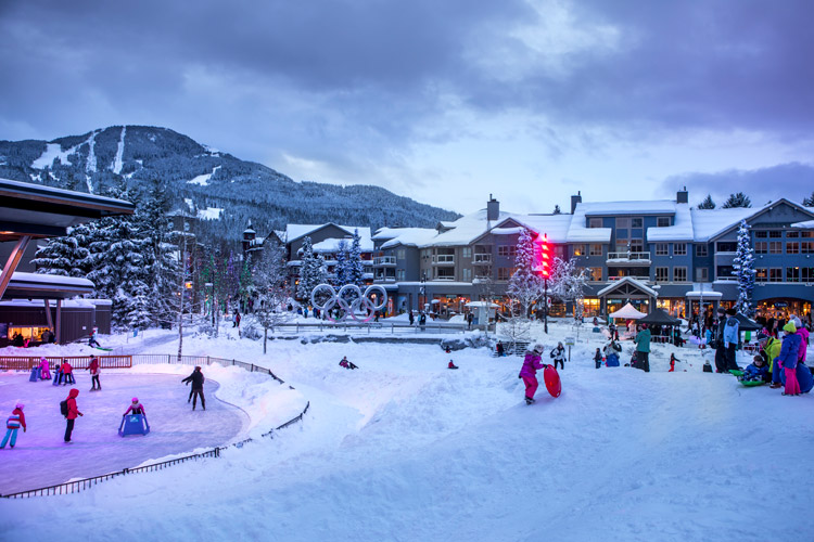 Family Apres at Whistler Olympic Plaza in winter