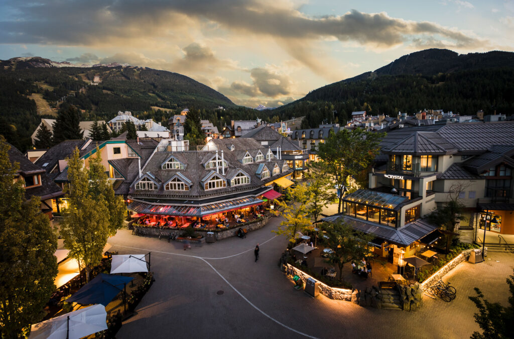 An aerial view of Whistler Village in the spring.