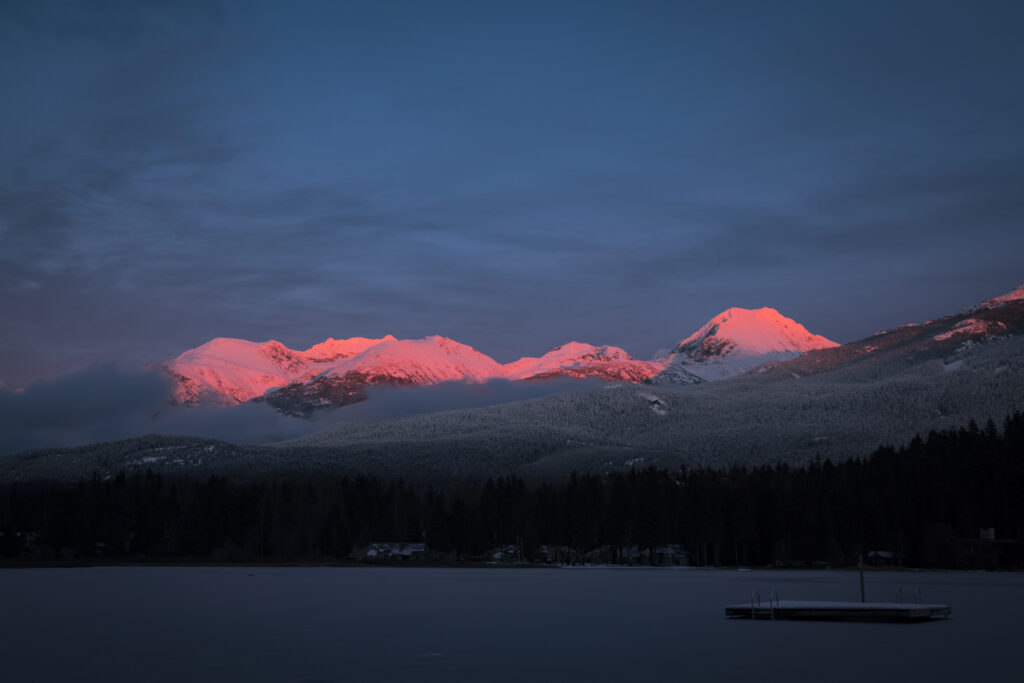 Alpenglow on the mountains in Whistler. 