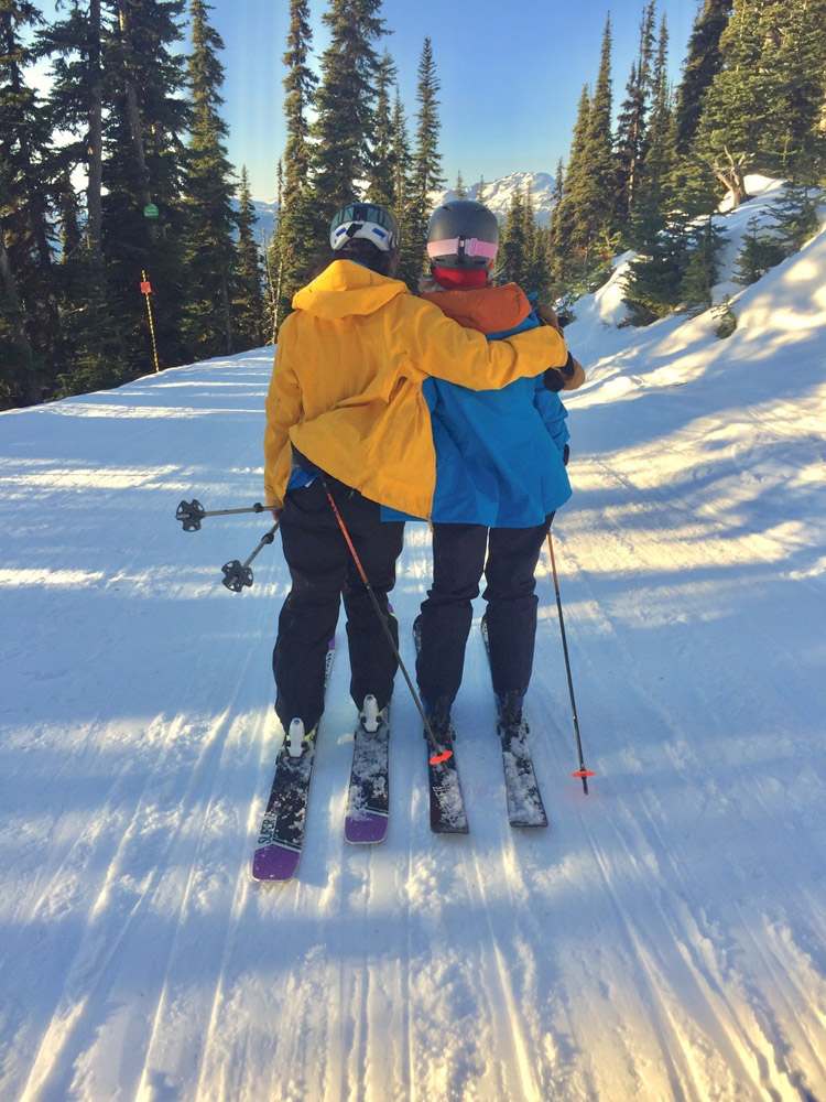 Friends Skiing a Cat Track on Whistler