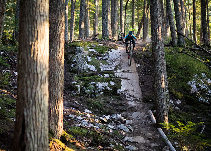 It’s not the steepness of the roll that’s intimidating, but the rock garden that lies below the slab.