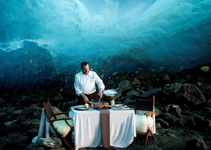 The Blue Room ice cave dinner set up at Cornucopia. 