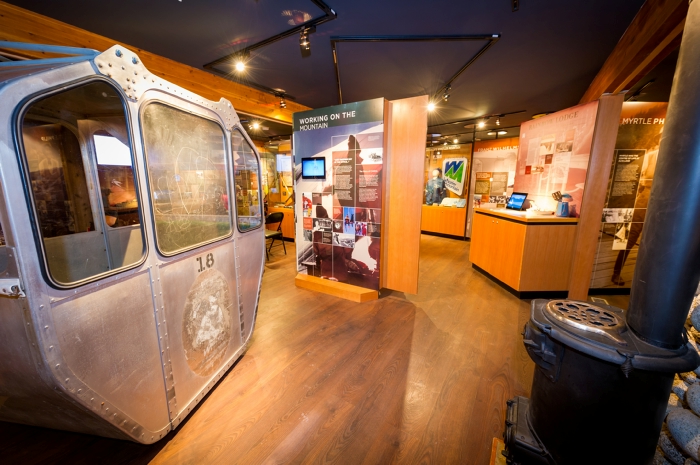 Interior of Whistler Museum including antique ski gondola.