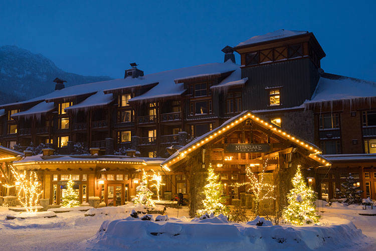 Nita Lake Lodge covered in snow in Whistler.