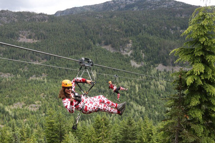 Superfly ziplines in Whistler in fancy dress for Halloween.