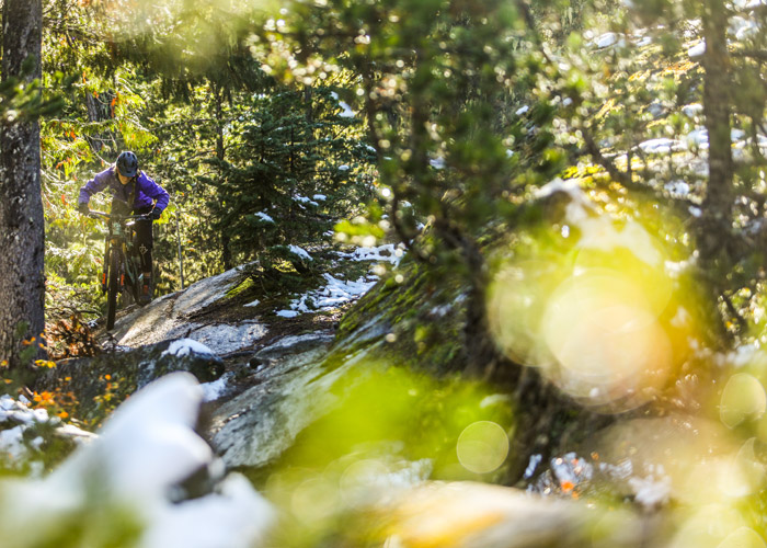 A rider tackles some of the technical ups on Whistler's Westside trails. 