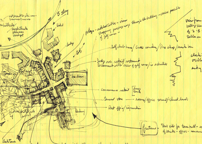 The original sketch of Whistler Village by Eldon Beck in 1978.