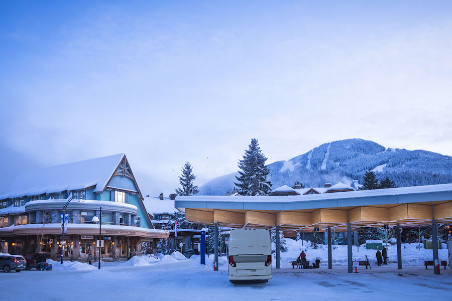 A shuttle bus in the bus loop at Whistler Village. 