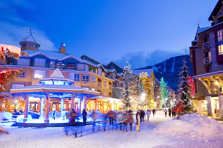Whistler Village stroll lit up for the holidays.