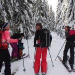 ski touring group stopping to talk