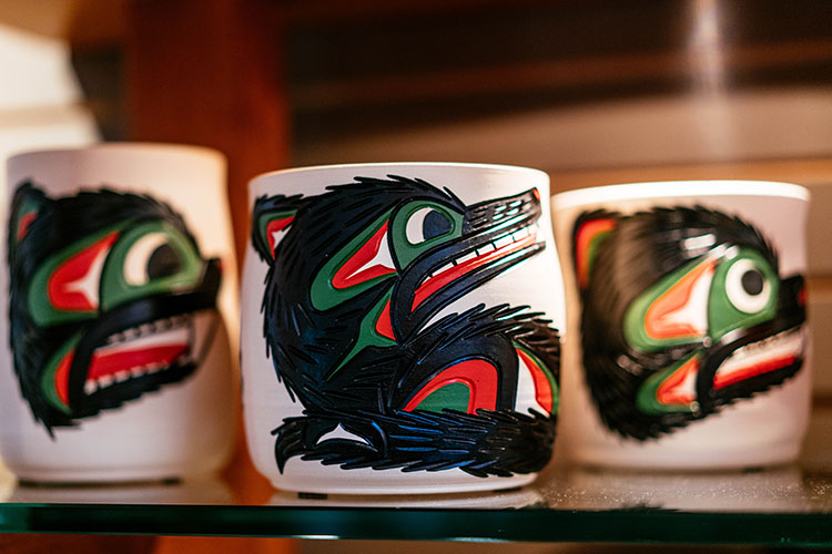 Three ceramic jars by First Nations artist Stewart Jacobs