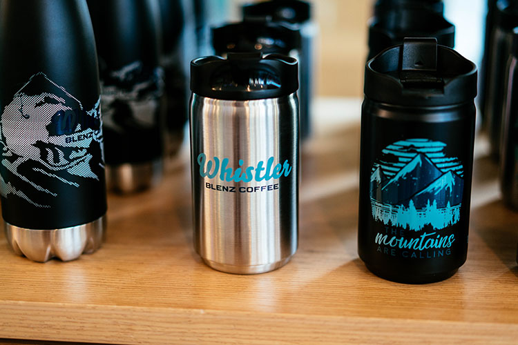 Blenz coffee mugs with Whistler branding