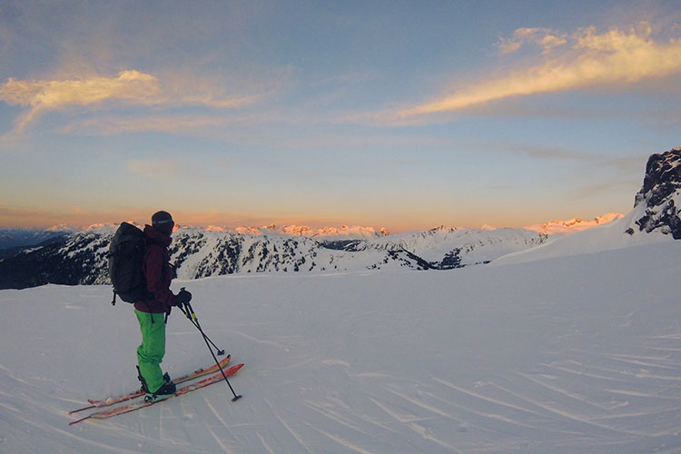 Backcountry skier nears the summit of Black Tusk.