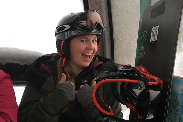 Katy in the Whistler Gondola giving the camera the thumbs up.