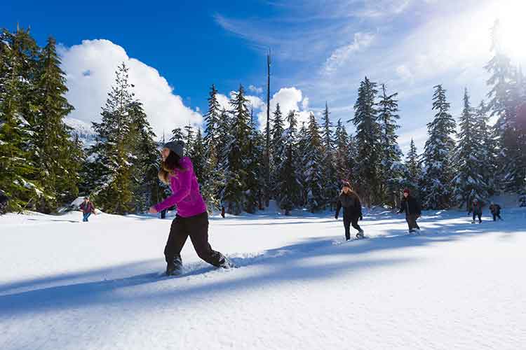 People walking in a snowy field on snowshoes as a budget friendly activity.