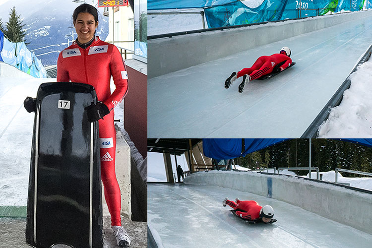 Skeleton athlete, Tirza Lara poses for the camera along with shots of her sliding down the track in Whistler.