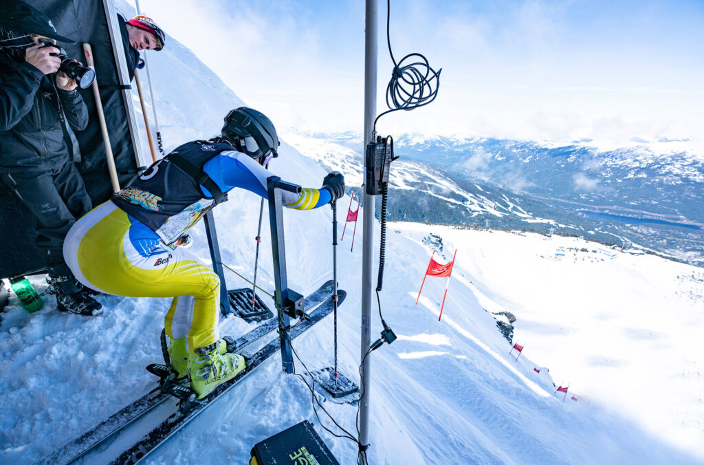 A ski racer gets ready at the start of the gate for the Saudan Couloir. 