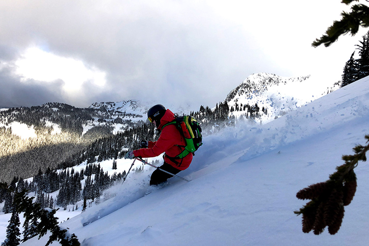 Heli-ski touring in Coast Mountain powder conditions