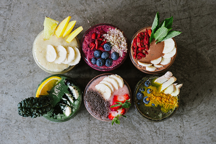 Fruit smoothies lined up at The Green Moustache