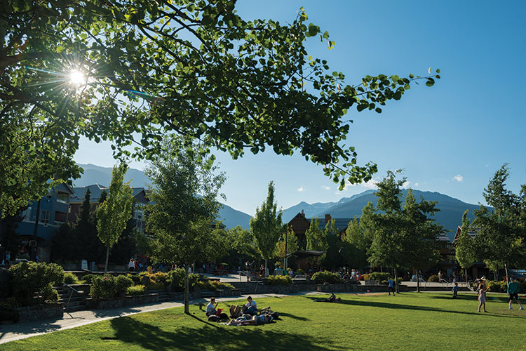 Olympic Plaza on a sunny day in Whistler. 