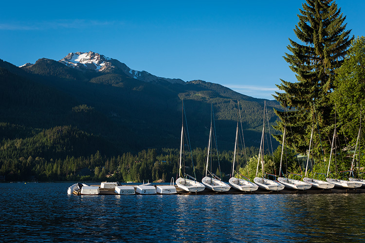 Sailboats lined up on Alta Lake in Whistler