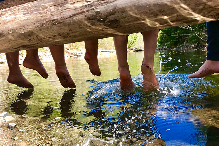 Kids sitting on a log with their feet in a Whistler creek