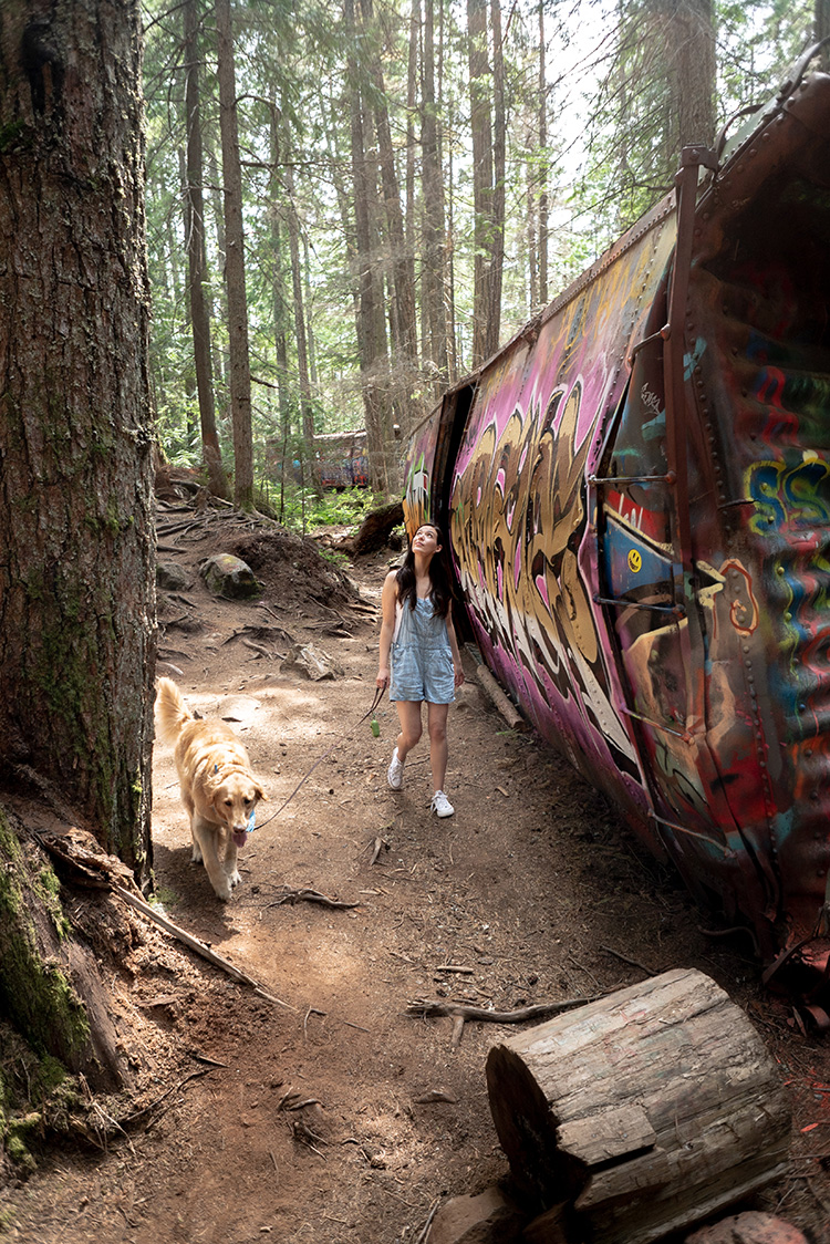 Woman walking her dog at Train Wreck in Whistler