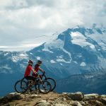 Two mountain bikers on Top of the World trail in Whistler