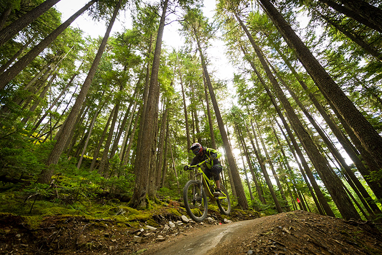 Biker getting air in the Whistler Mountain Bike Park