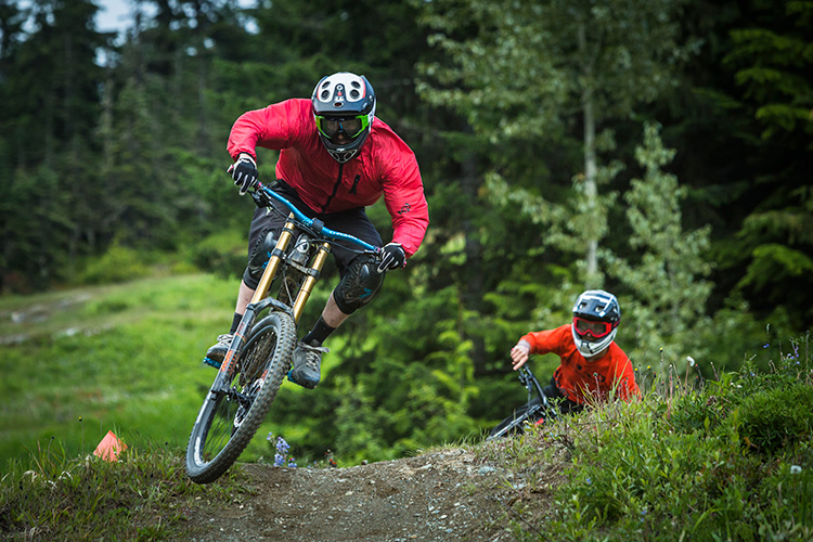 Friends riding in Whistler Mountain Bike Park