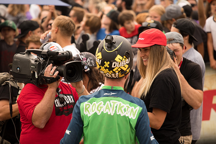 Micayla Gatto interviewing a rider at Crankworx