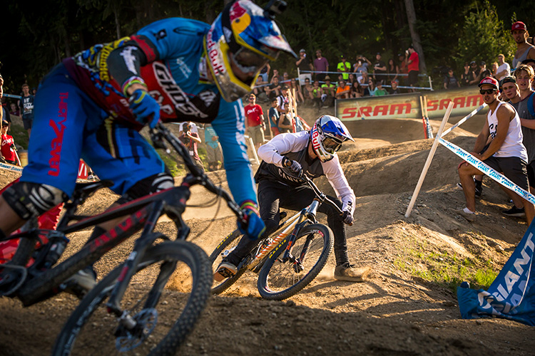 Two riders go head to head at Dual Slalom during Crankworx Whistler