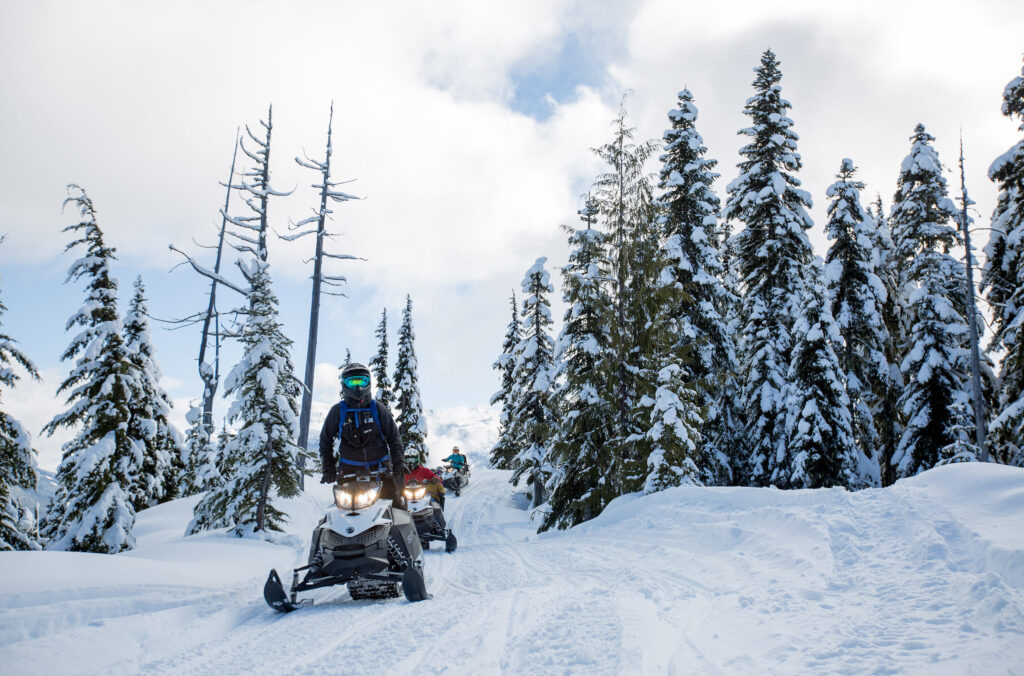 A snowmobile guide leads a snowmobile group through the snowy Whistler backcountry on a tour.