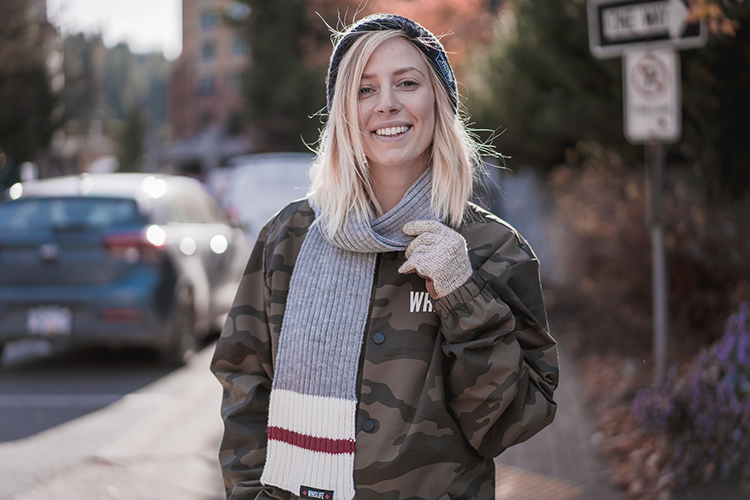 Woman wearing winter accessories in Whistler