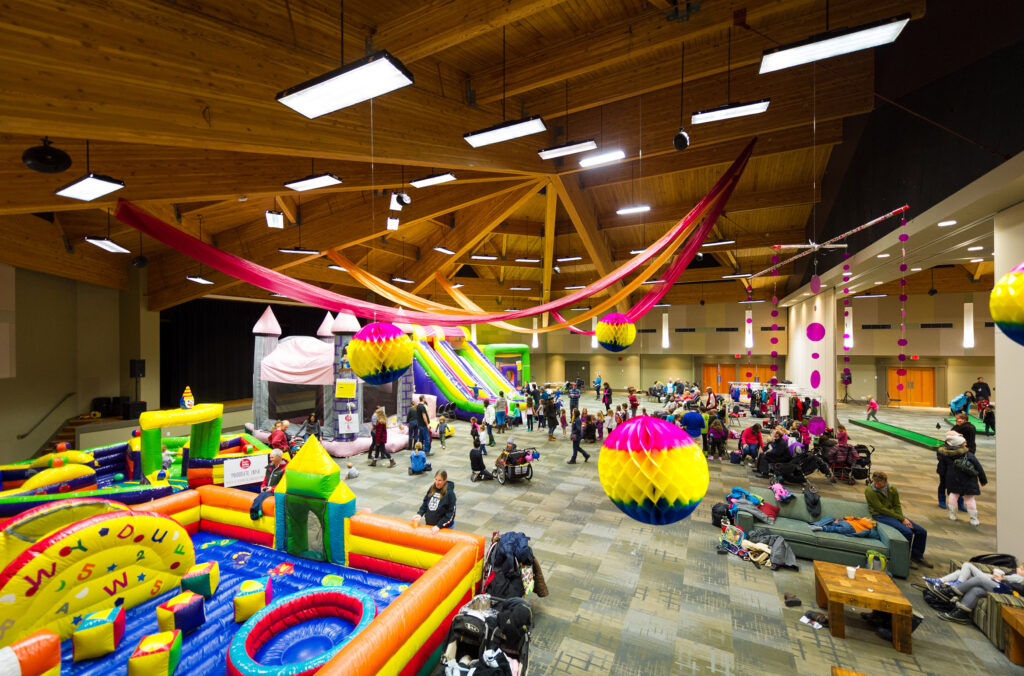 Wintersphere set up at the Whistler Conference Centre with bouncy castles, games and mazes.