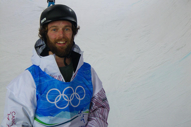 Justin Lamoureux checking out the halfpipe at the 2010 Olympic Winter Games.