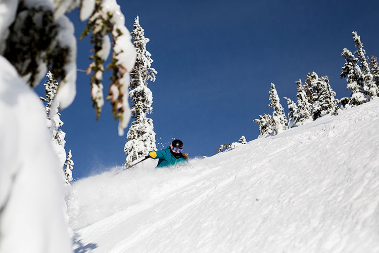 A skier on the Ratfink run on Whistler Blackcomb. 